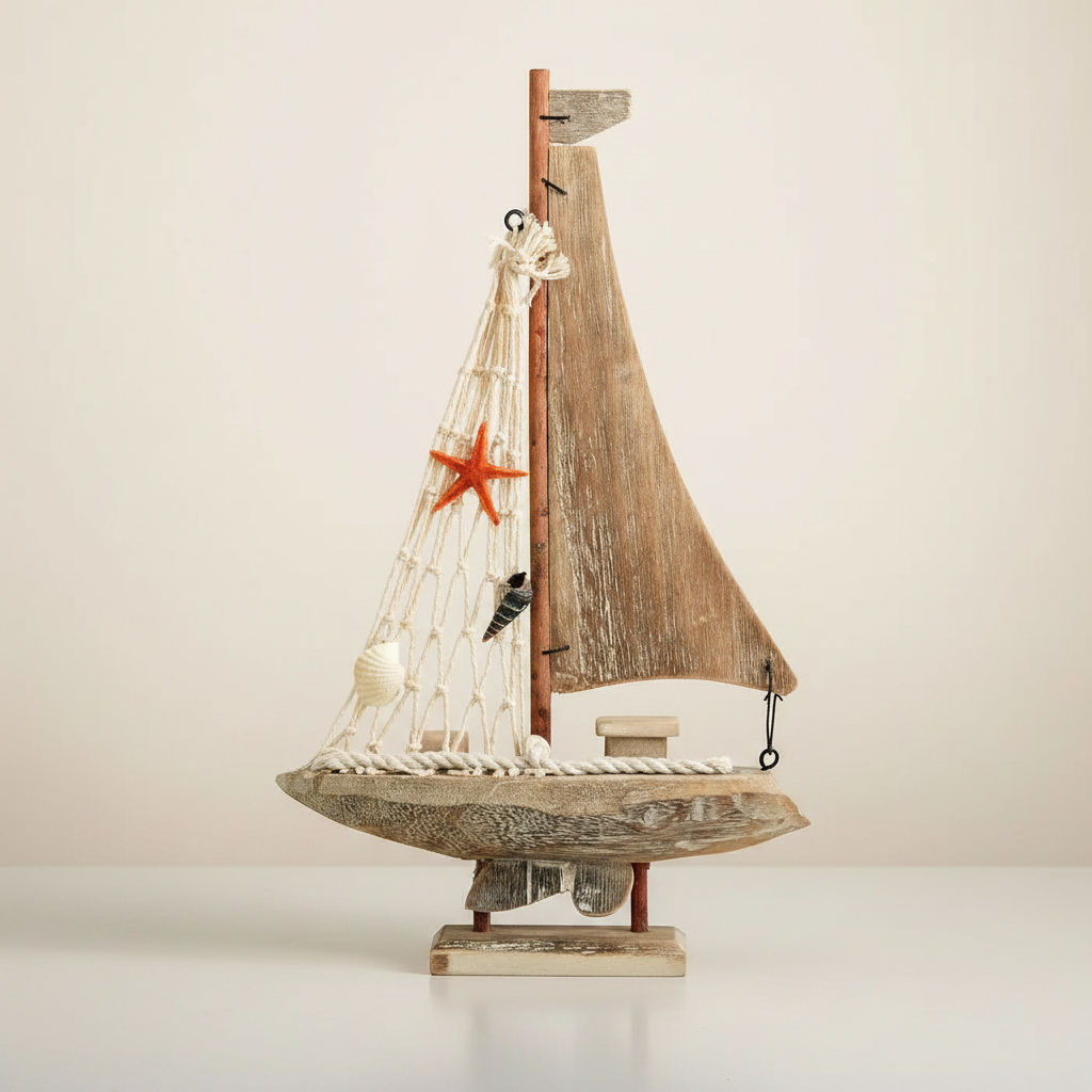 Mediterranean wooden sailboat model full side profile – complete silhouette showing driftwood sail, macramé net sail, rope-wrapped hull, and wooden display base, 27.5 cm tall, cream white background