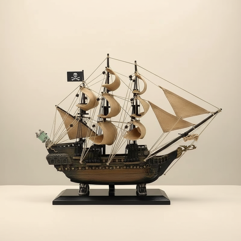 Black Pearl pirate ship model full side profile – complete silhouette showing dark resin hull, multiple masts with billowing canvas sails, intricate rope rigging, Jolly Roger flag, and black display base, cream white background