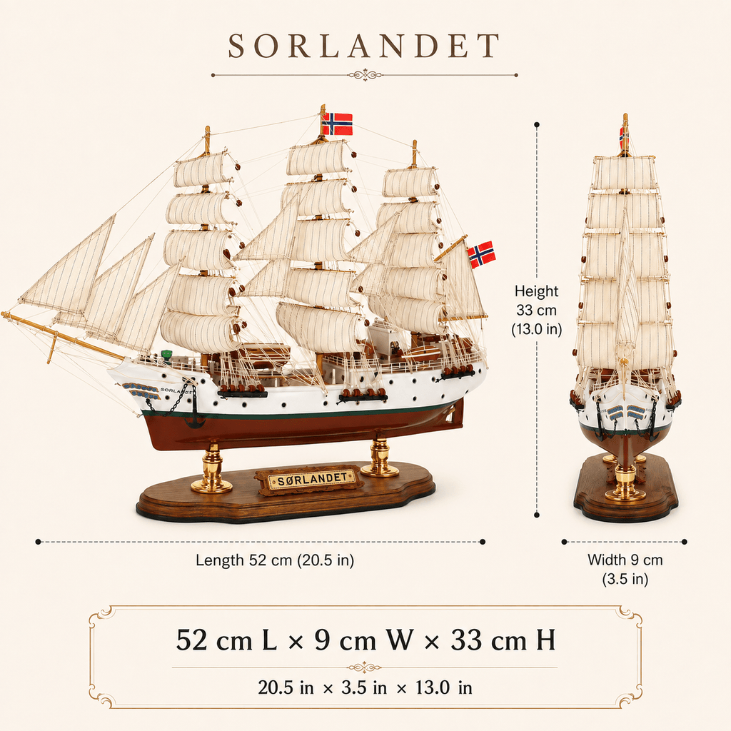 Sørlandet Wooden Ship Model – Premium 52 cm - Ocean Relic Studio- Handcrafted Wooden Ship Model