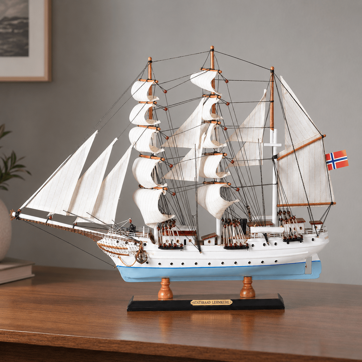 Statsraad Lehmkuhl Wooden Ship Model – Deluxe 65 cm - Ocean Relic Studio- Handcrafted Wooden Ship Model