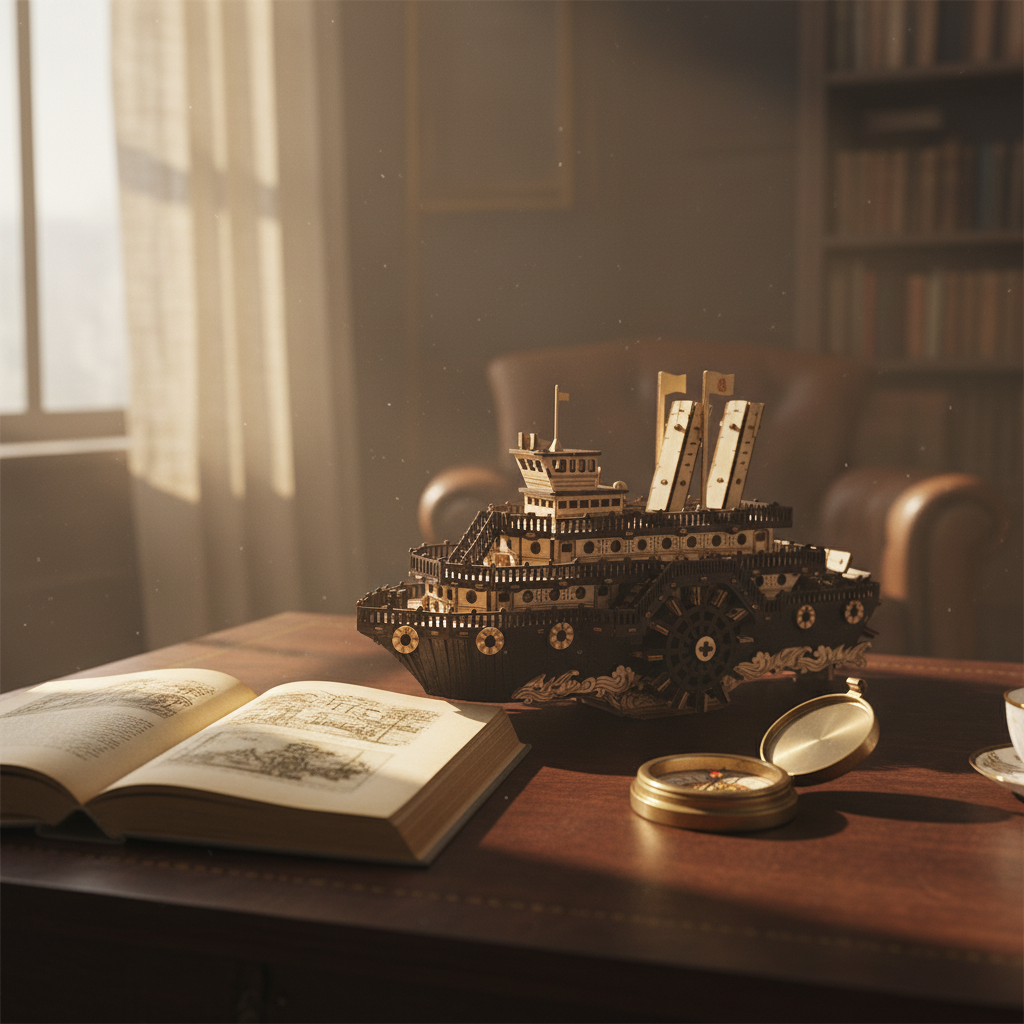 Decorative ship model on a table with an open book and compass in a room with a window and bookshelf.