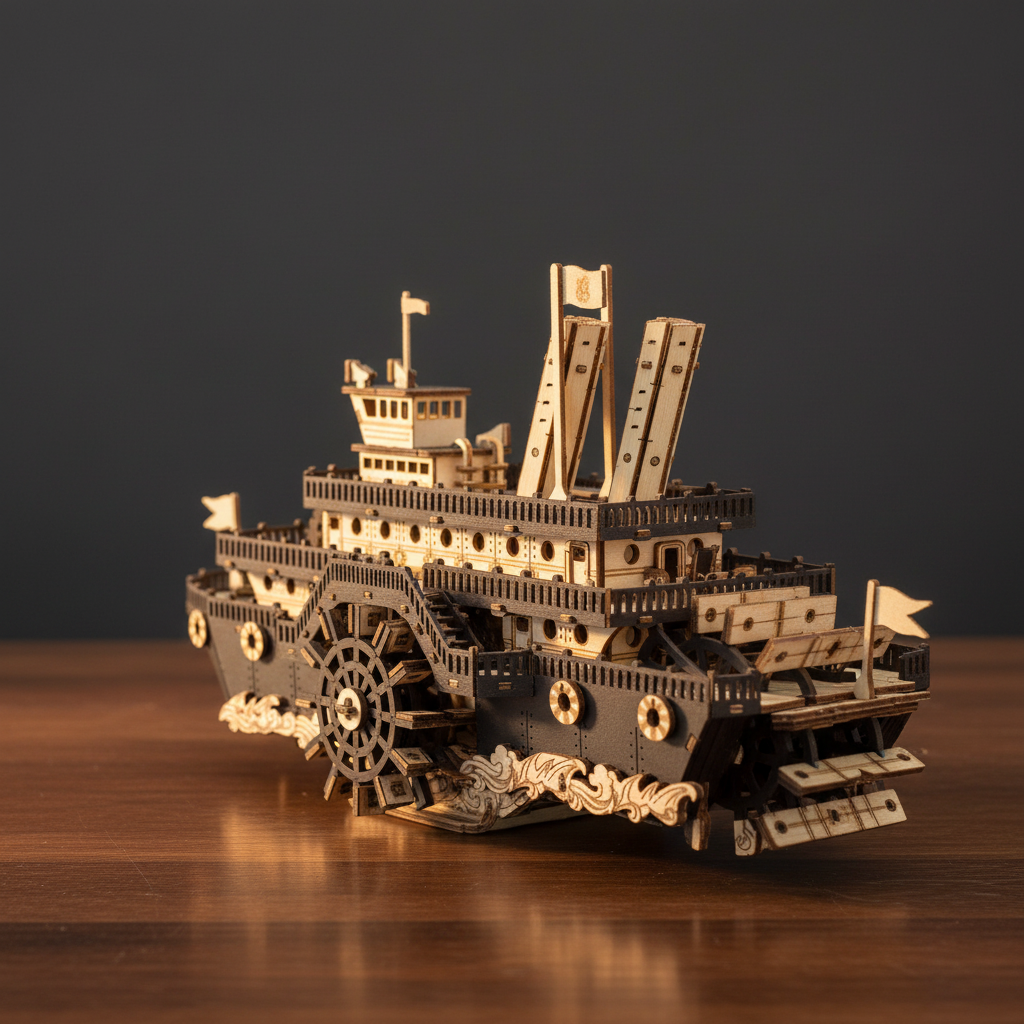 Wooden model ship on a reflective surface with a dark background