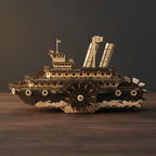 Wooden model of a ship with intricate details on a dark background