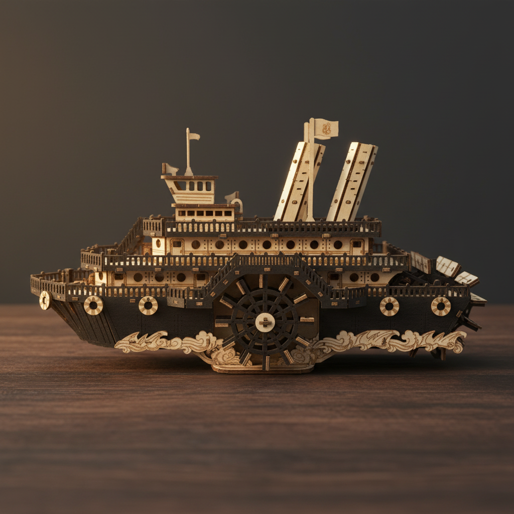 Wooden model of a ship with intricate details on a dark background
