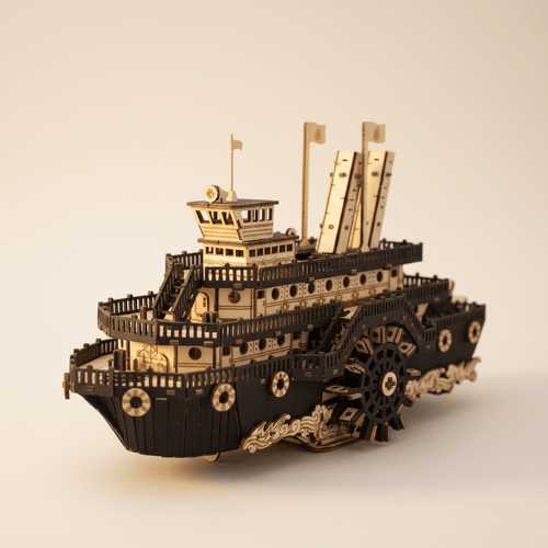 Kit de maqueta de madera de barco de vapor con rueda de paletas en vista frontal de tres cuartos, con casco bicolor negro y crema, rueda lateral, barandillas y escaleras de varias cubiertas, torre de control con bandera, tres paneles altos de vela en popa, fila de ojos de buey, proa ornamentada y fondo blanco crema