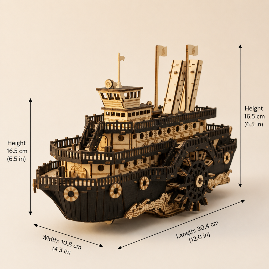 Diagrama de dimensiones del kit de maqueta de madera de barco de vapor con rueda de paletas: largo 30,4 cm (12,0 in), ancho 10,8 cm (4,3 in), alto 16,5 cm (6,5 in), vista frontal de tres cuartos sobre fondo blanco crema
