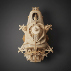 Wooden mechanical model of a ship on a dark background