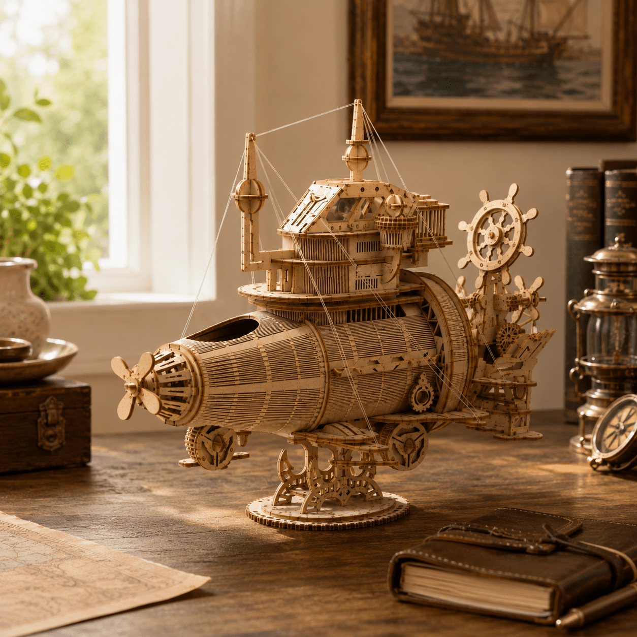 Steampunk Submarine Model Kit — 233-Piece Wooden 3D Puzzle - Ocean Relic Studio