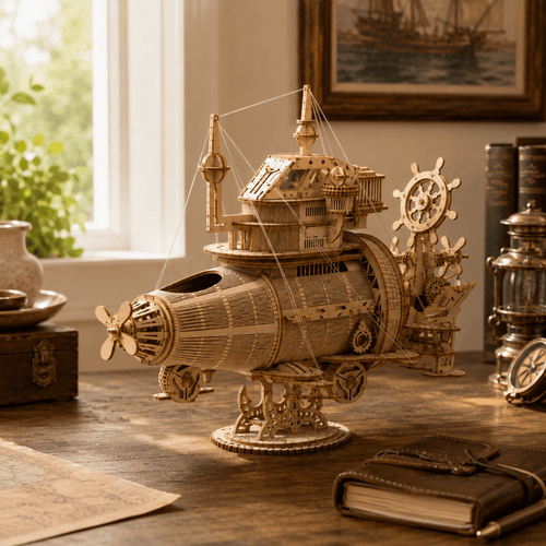 Kit de modelo de submarino steampunk em madeira — vista frontal em 3/4, em cena de decoração