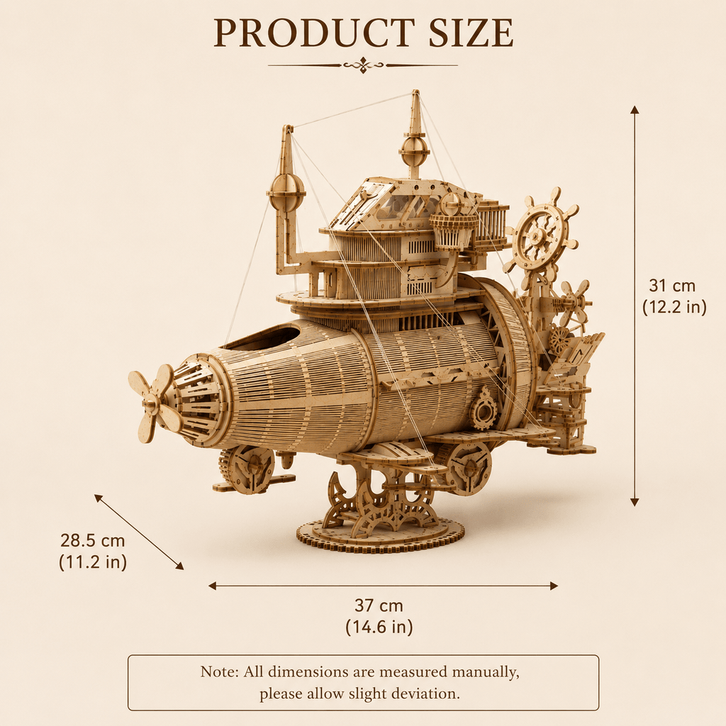 스팀펑크 잠수함 목제 모형 키트 — 치수 안내 이미지, 37 cm 길이 × 28.5 cm 폭 × 31 cm 높이 (14.6 in × 11.2 in × 12.2 in), 전면 3/4 시점, 크림색 배경, 치수 표기 포함