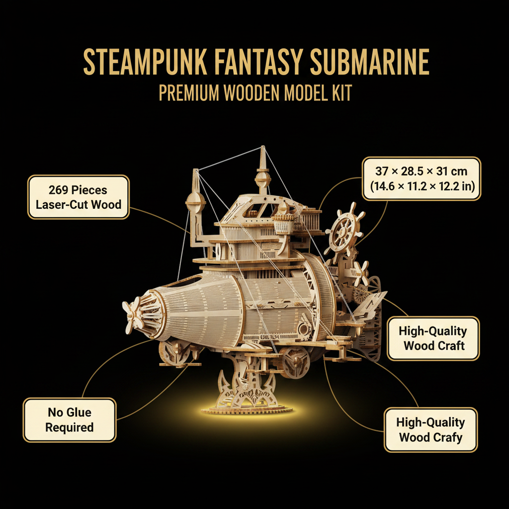Steampunk Submarine Model Kit — 233-Piece Wooden 3D Puzzle
