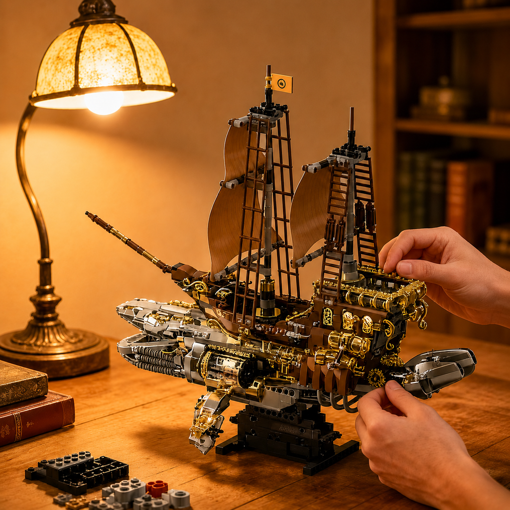 Person assembling a detailed model ship on a wooden table with a warm lamp in the background.