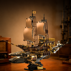 Detailed model of a pirate ship on a wooden surface with a warm background