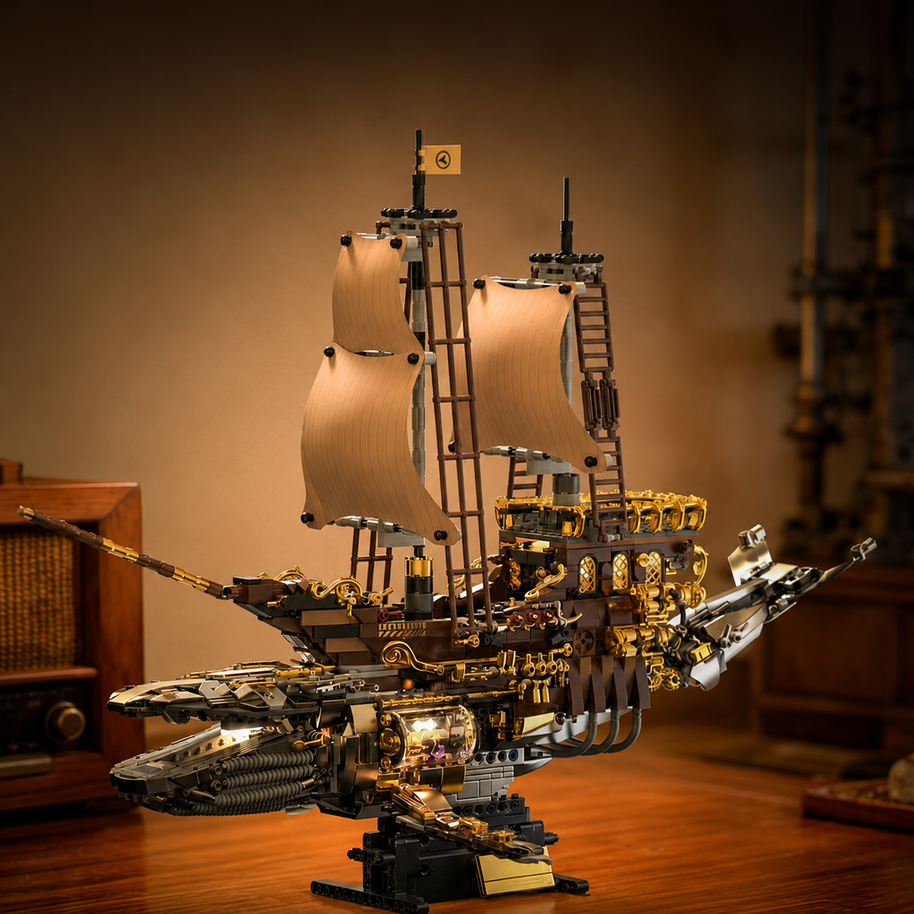 Detailed model of a pirate ship on a wooden surface with a warm background