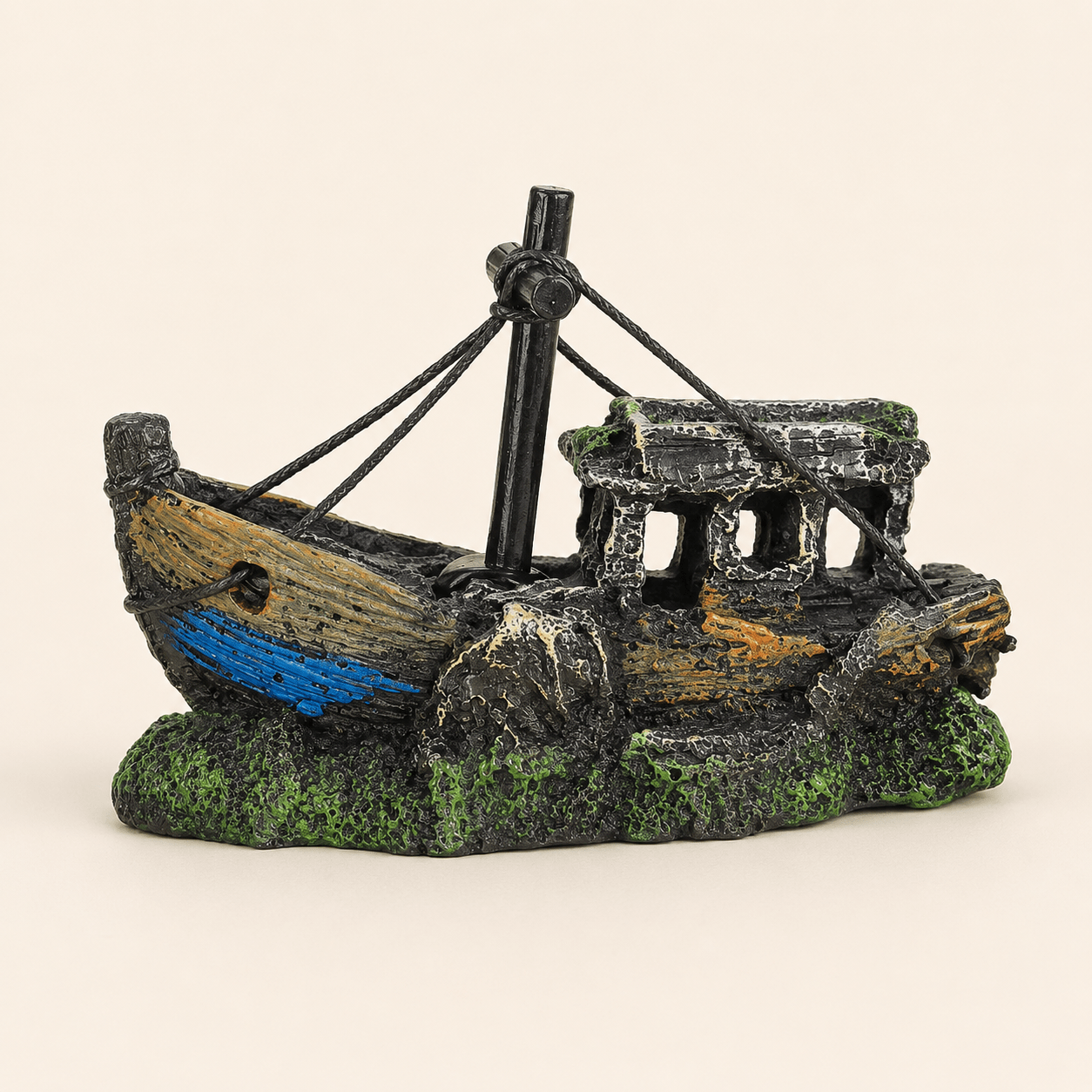 Sunken Fishing Boat Resin Ship Model – Weathered Wreck with Mast & Rigging - Ocean Relic Studio- Handcrafted Wooden Ship Model