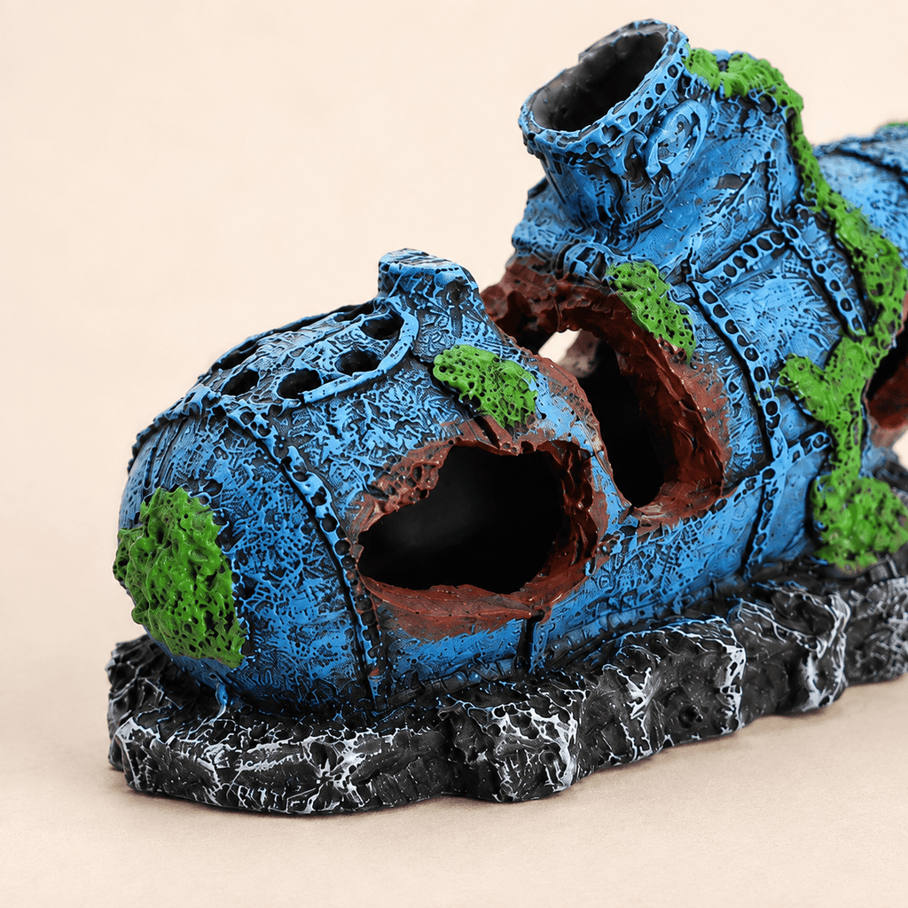 Sunken Submarine Resin Ship Model – Blue Wreck with Moss & Rock Base - Ocean Relic Studio- Handcrafted Wooden Ship Model