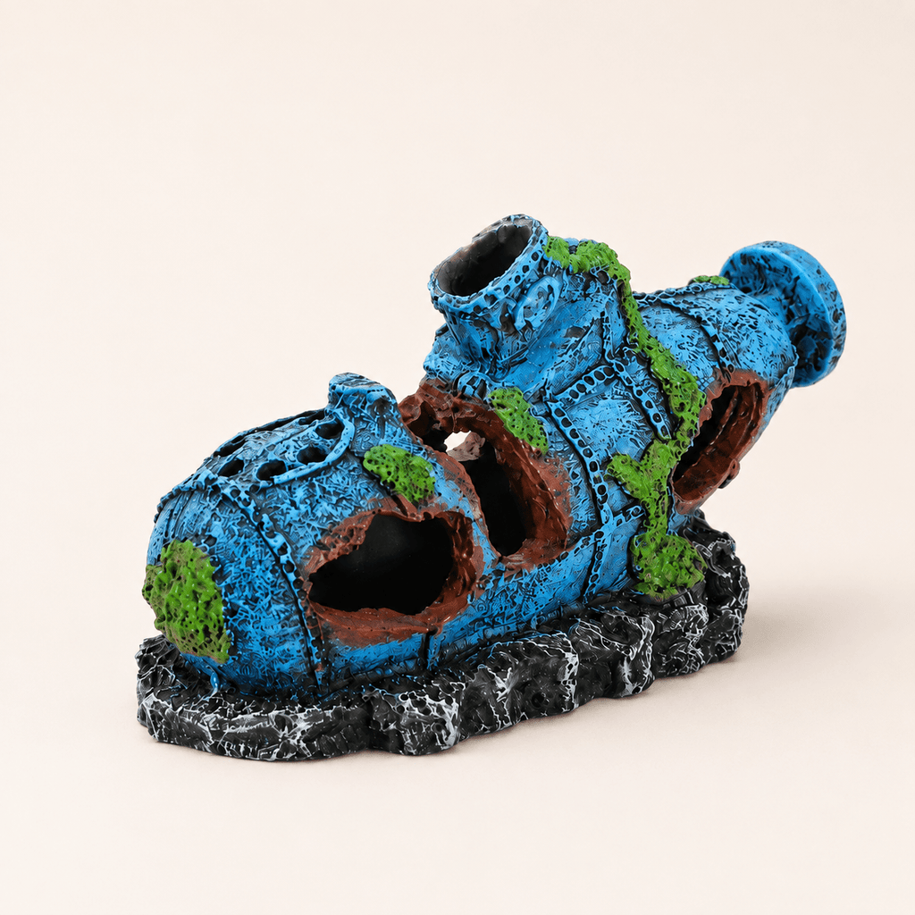 Sunken Submarine Resin Ship Model – Blue Wreck with Moss & Rock Base - Ocean Relic Studio- Handcrafted Wooden Ship Model