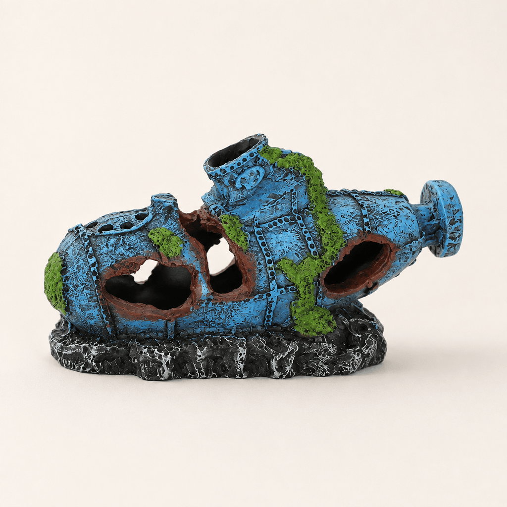 Sunken Submarine Resin Ship Model – Blue Wreck with Moss & Rock Base - Ocean Relic Studio- Handcrafted Wooden Ship Model