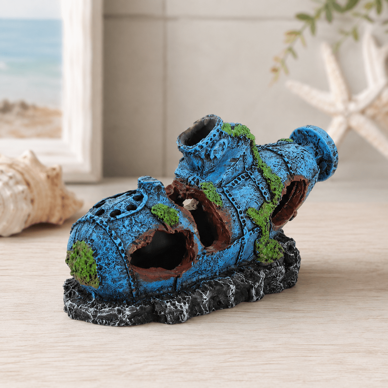 Sunken Submarine Resin Ship Model – Blue Wreck with Moss & Rock Base - Ocean Relic Studio- Handcrafted Wooden Ship Model
