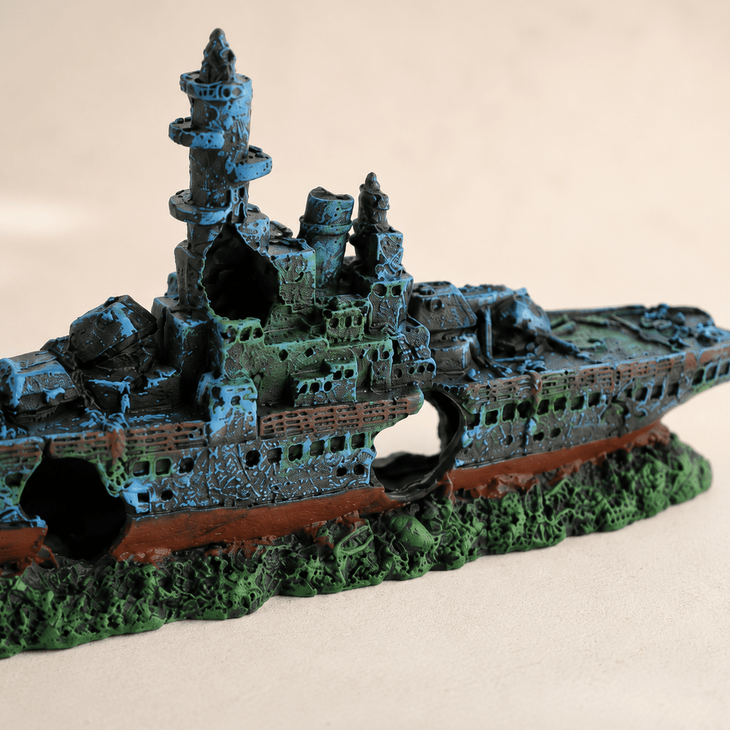 Sunken Warship Resin Ship Model – Blue Battleship Wreck Aquarium Decor - Ocean Relic Studio- Handcrafted Wooden Ship Model