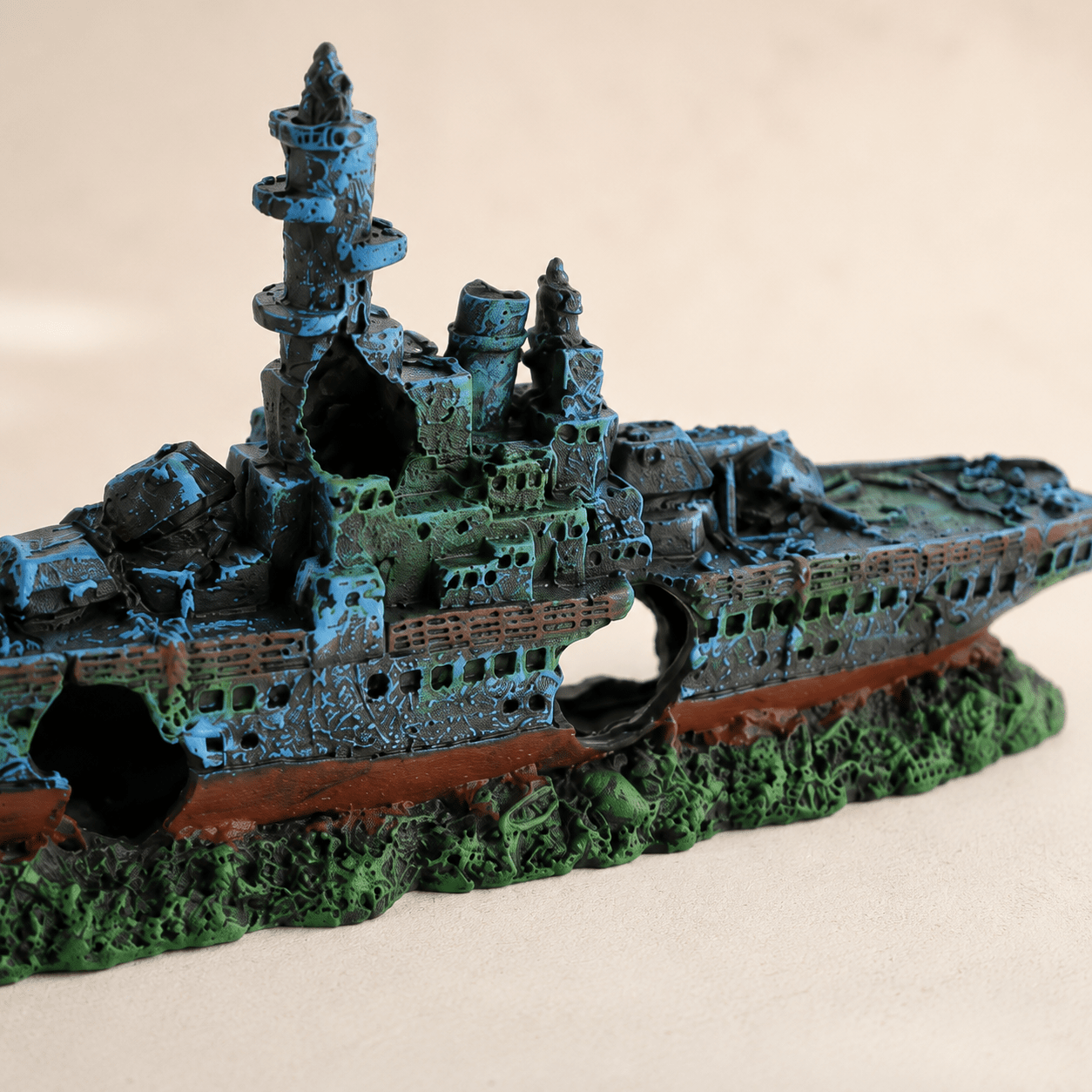 Sunken Warship Resin Ship Model – Blue Battleship Wreck Aquarium Decor - Ocean Relic Studio- Handcrafted Wooden Ship Model