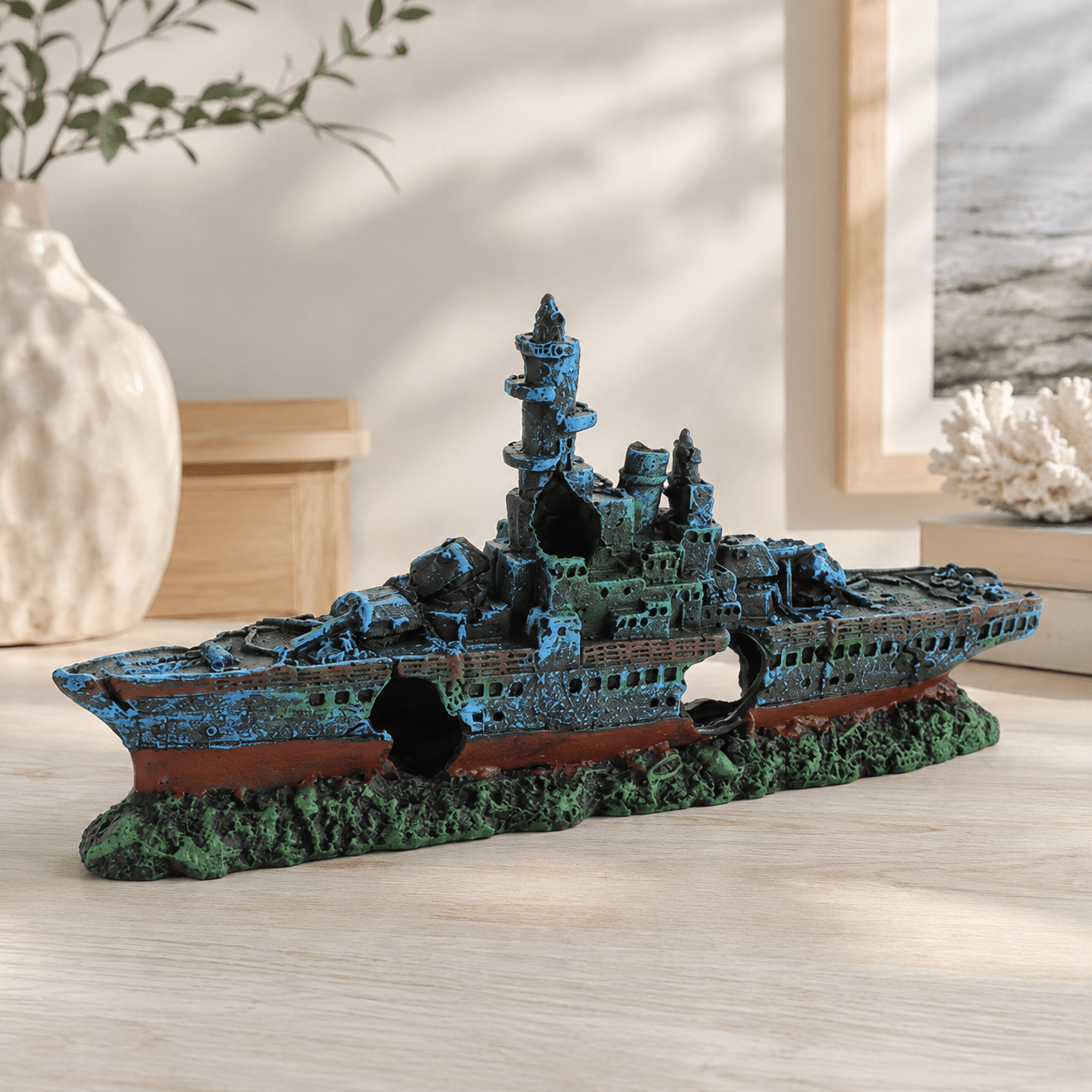 Sunken Warship Resin Ship Model – Blue Battleship Wreck Aquarium Decor - Ocean Relic Studio- Handcrafted Wooden Ship Model
