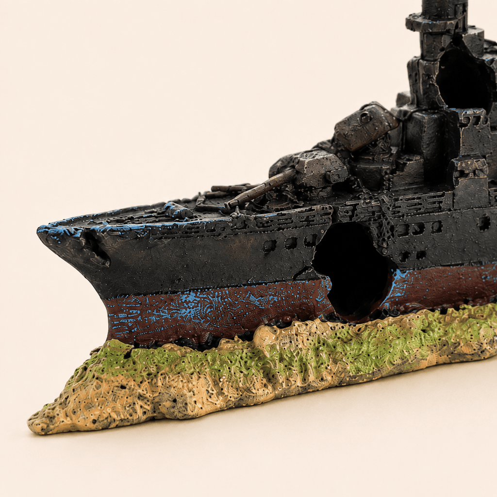 Sunken Warship Resin Ship Model – Grey Battleship Wreck Aquarium Decor - Ocean Relic Studio- Handcrafted Wooden Ship Model