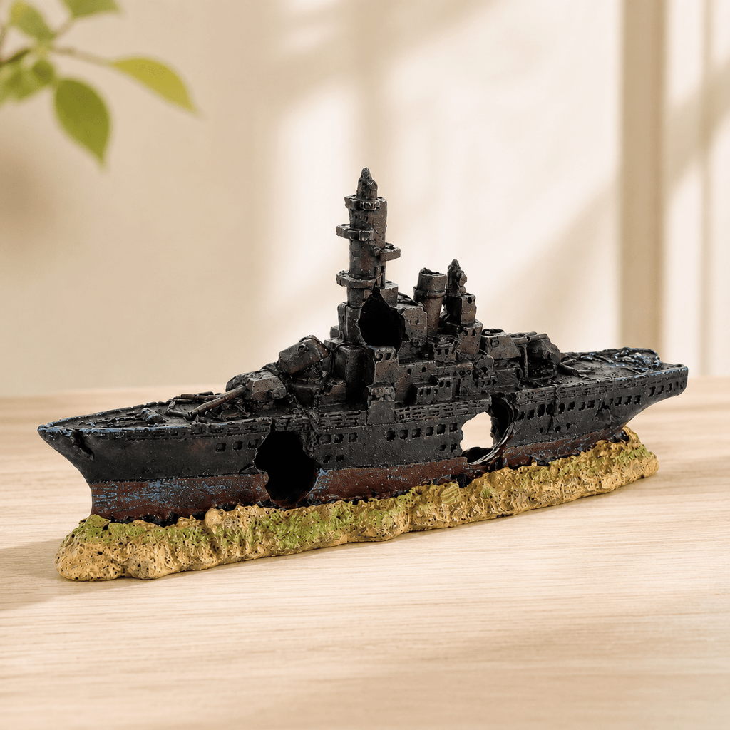 Sunken Warship Resin Ship Model – Grey Battleship Wreck Aquarium Decor - Ocean Relic Studio- Handcrafted Wooden Ship Model
