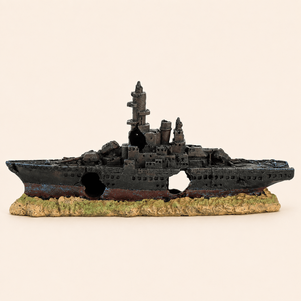 Sunken Warship Resin Ship Model – Grey Battleship Wreck Aquarium Decor - Ocean Relic Studio- Handcrafted Wooden Ship Model