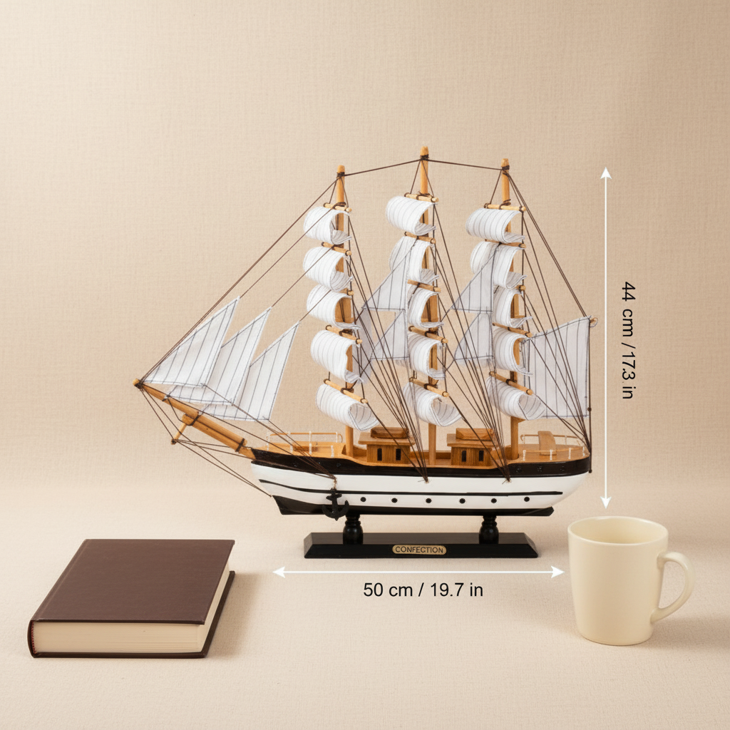 Three-Mast Tall Ship Model — Wooden Sailing Vessel with Full Rigging