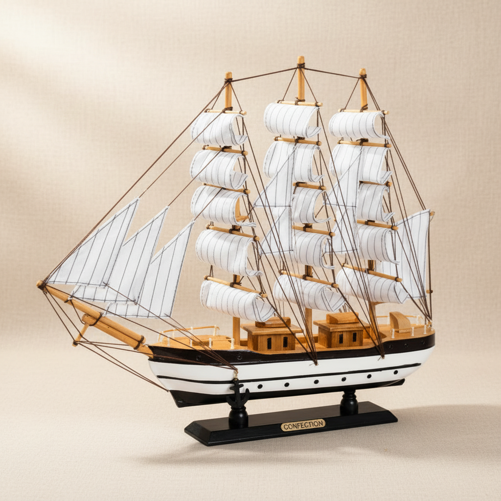 Handgefertigtes Dreimast-Segelschiff-Modell – „Confection“ Maritime Holzdekoration