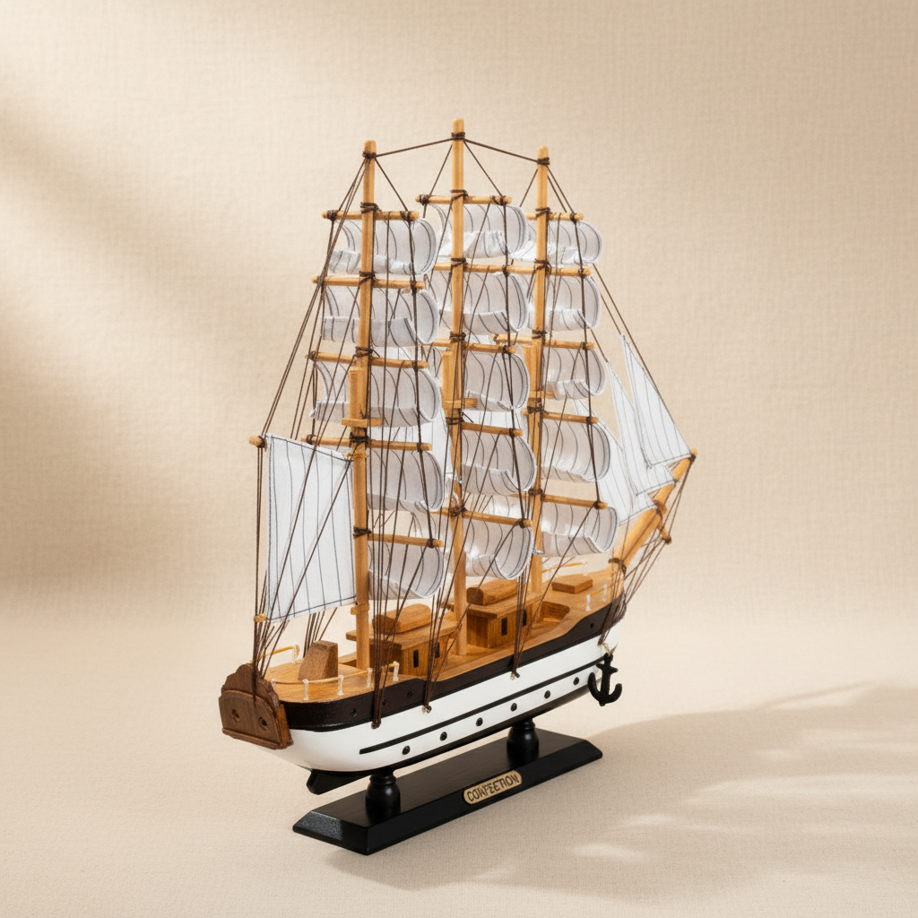 Three-Mast Tall Ship Model — Wooden Sailing Vessel with Full Rigging