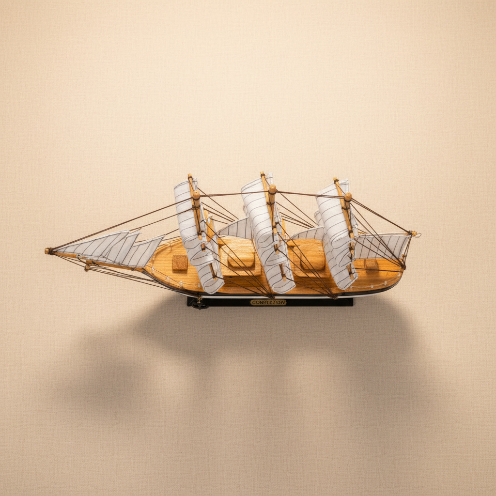 Handgefertigtes Dreimast-Segelschiff-Modell – „Confection“ Maritime Holzdekoration