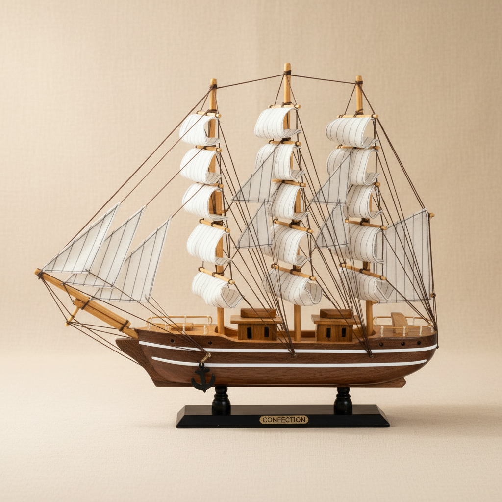 Handgefertigtes Dreimast-Segelschiff-Modell – „Confection“ Maritime Holzdekoration