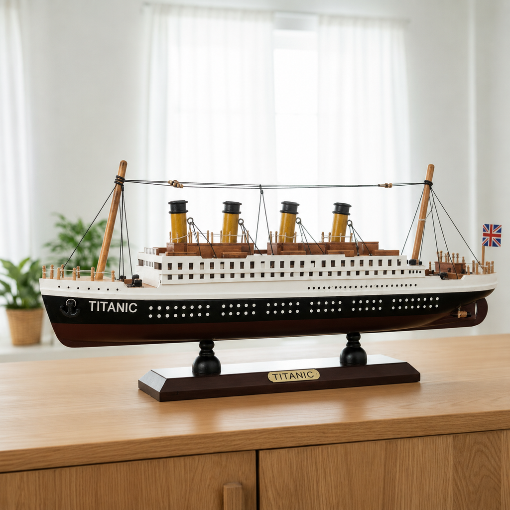 Modelo de madera del RMS Titanic – réplica de transatlántico con base de exhibición