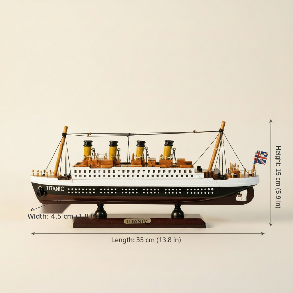 Diagrama de dimensiones del modelo de madera del RMS Titanic: largo 35 cm (13,8 in), ancho 4,5 cm (1,8 in), alto 15 cm (5,9 in), vista lateral exacta sobre fondo blanco crema