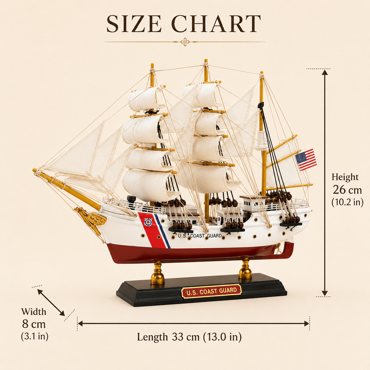 U.S. Coast Guard Wooden Ship Model – Classic 33 cm - Ocean Relic Studio- Handcrafted Wooden Ship Model