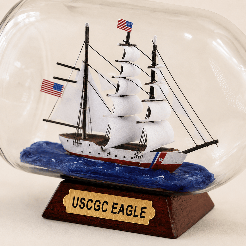 USCGC Eagle Ship in a Bottle – US Coast Guard Tall Ship Nautical Decor - Ocean Relic Studio- Handcrafted Wooden Ship Model