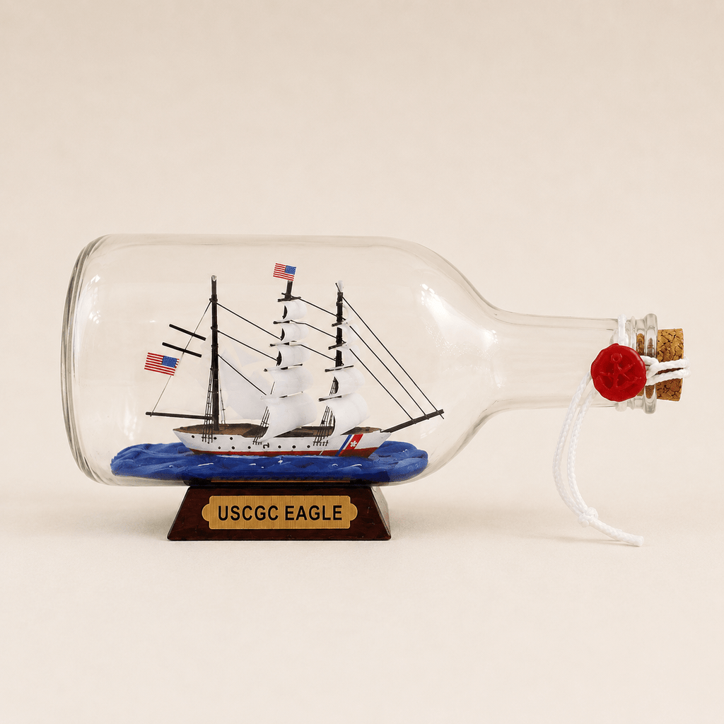 USCGC Eagle Ship in a Bottle – US Coast Guard Tall Ship Nautical Decor - Ocean Relic Studio- Handcrafted Wooden Ship Model