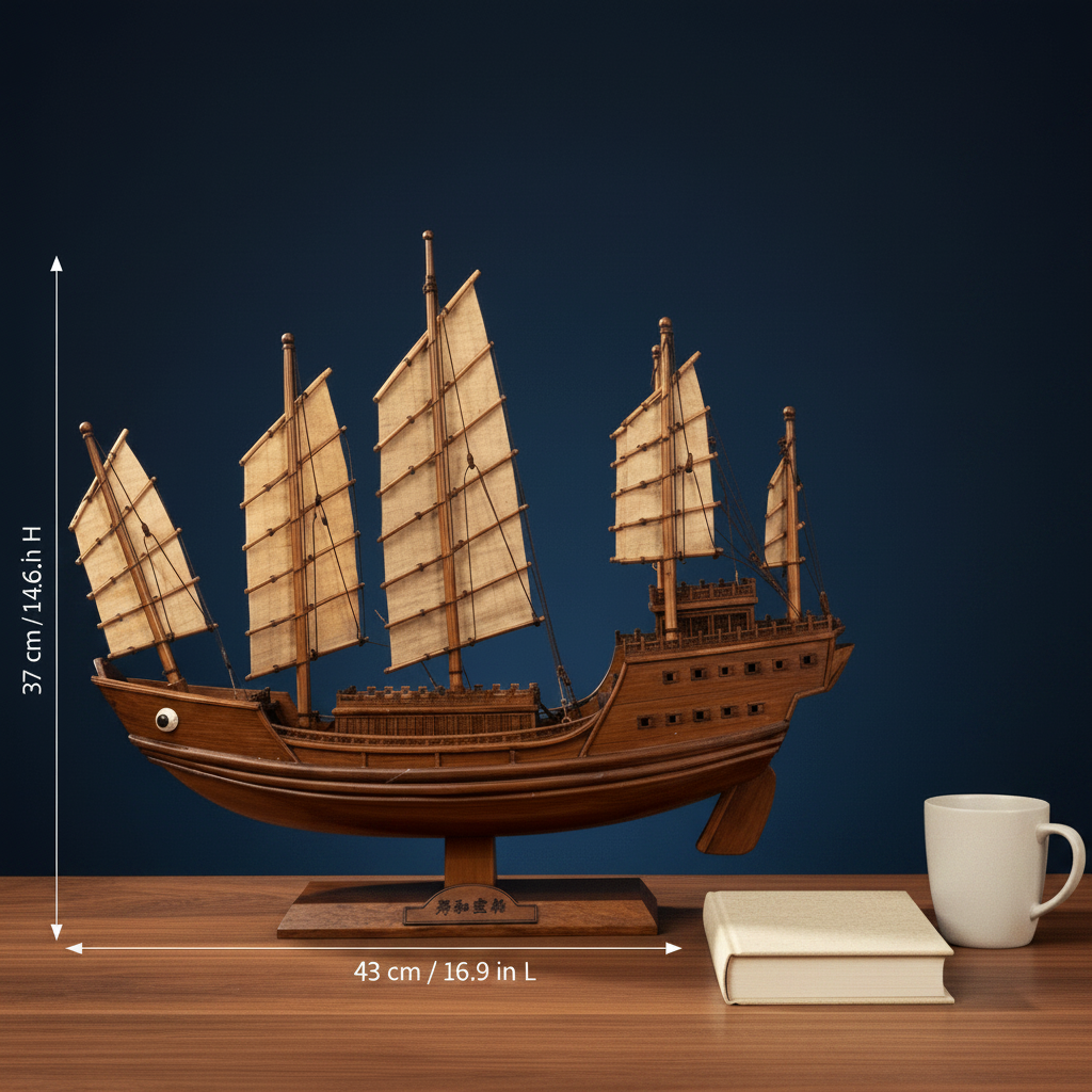 Chinese junk ship model size comparison — 43 cm long × 37 cm tall (16.9 in × 14.6 in), shown beside a book and white mug for scale, dark blue background