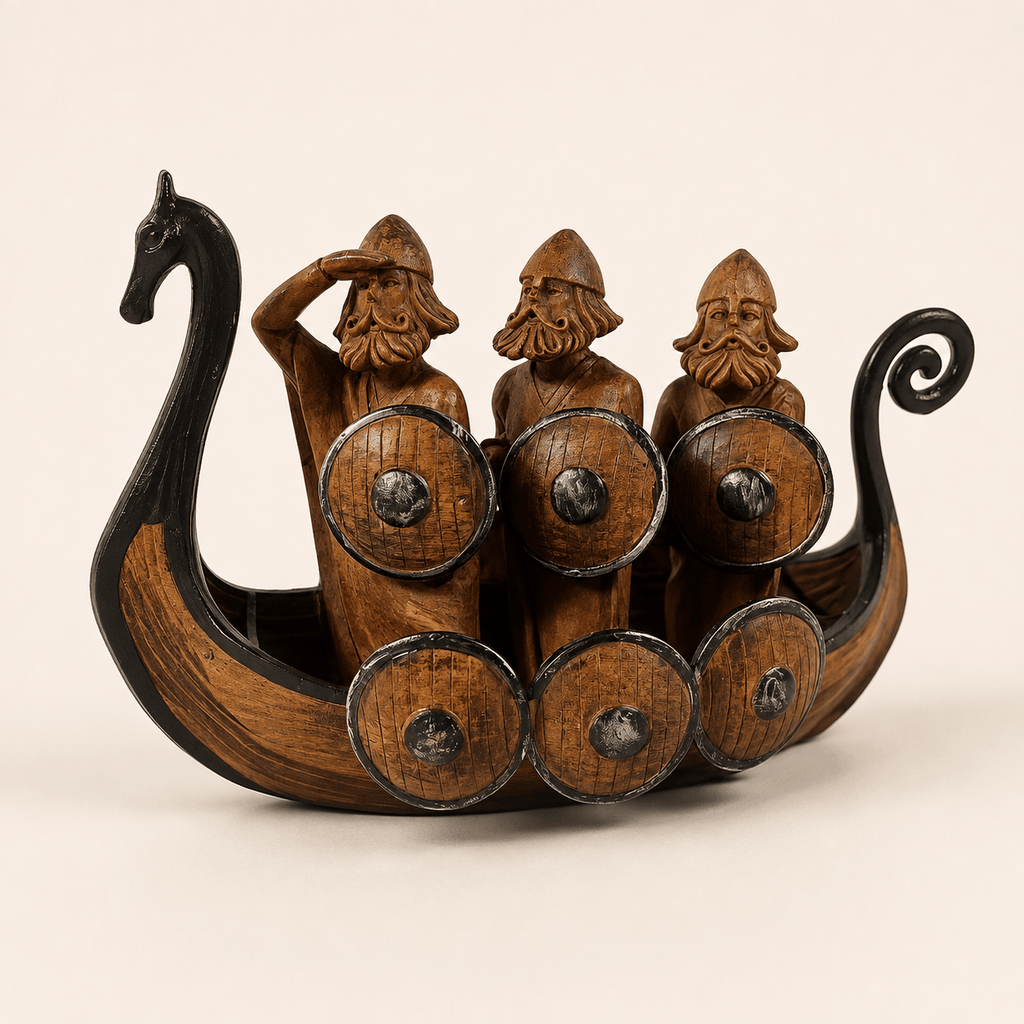 Viking Drakkar Resin Ship Model – Warriors & Shields - Ocean Relic Studio- Handcrafted Wooden Ship Model