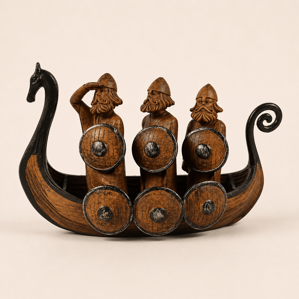 Viking Drakkar Resin Ship Model – Warriors & Shields - Ocean Relic Studio- Handcrafted Wooden Ship Model