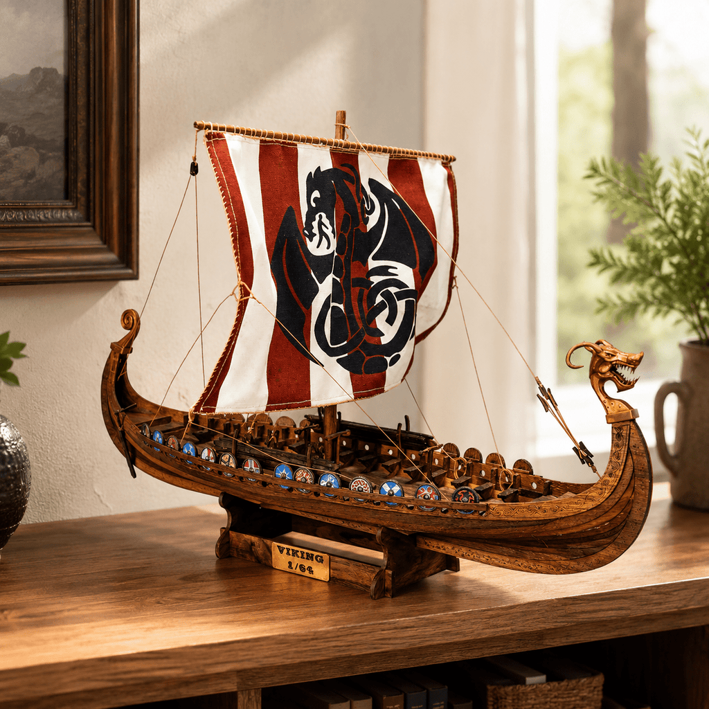 Viking Drakkar Wooden Ship Model Kit – 1:48 Scale Norse Longship - Ocean Relic Studio- Handcrafted Wooden Ship Model