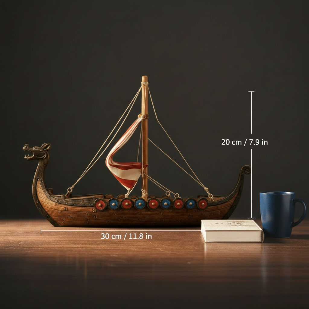 Viking Longship Model — Drakkar with Dragon Prow & Striped Sail