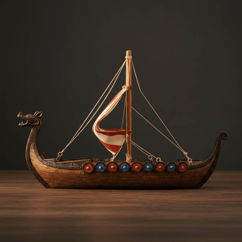 ヴァイキング・ロングシップ模型 — ドラゴン船首と縞模様の帆を備えたドラッカー - Ocean Relic Studio
