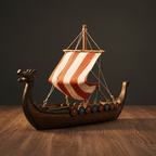 ヴァイキング・ロングシップ模型 — ドラゴン船首と縞模様の帆を備えたドラッカー - Ocean Relic Studio