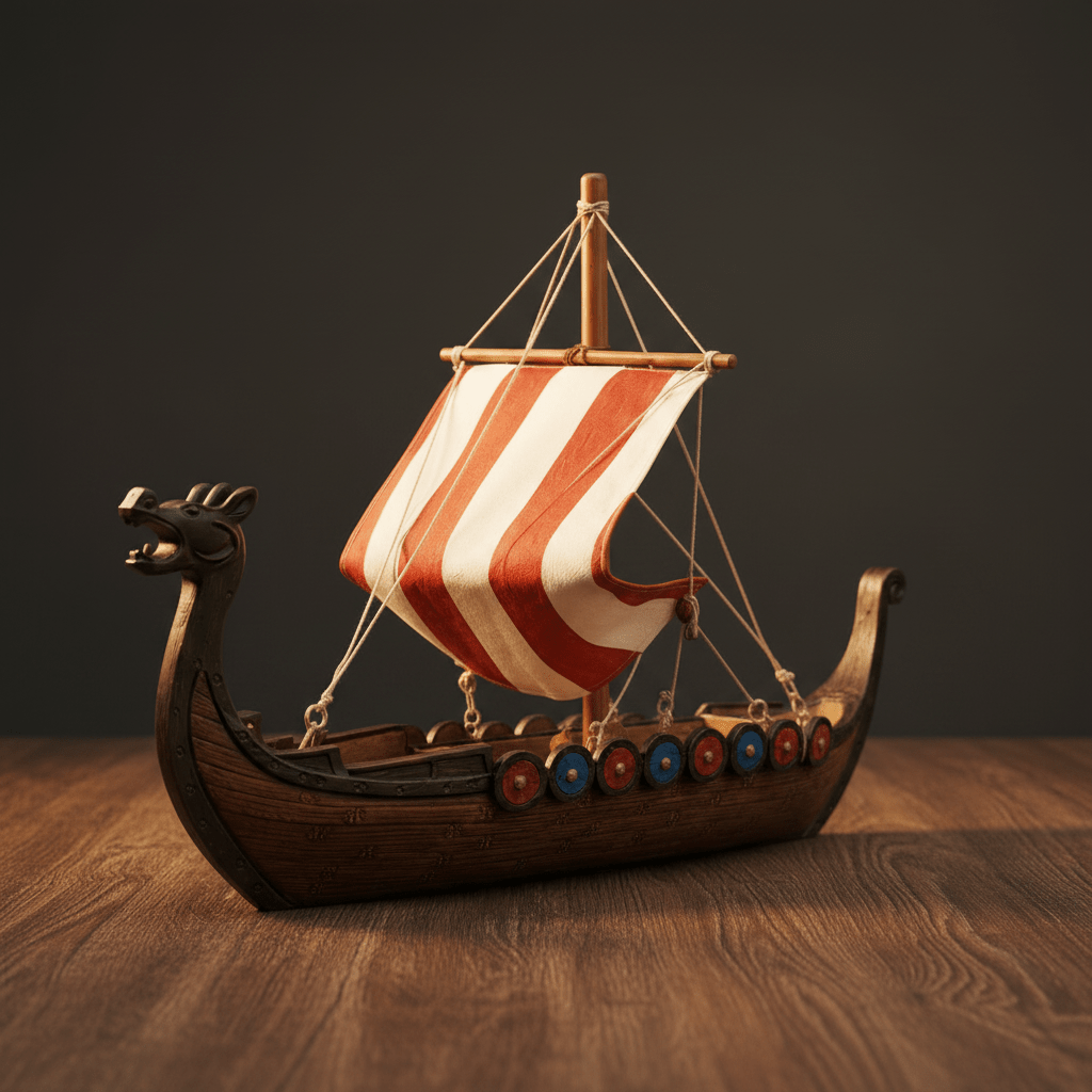 Modello di drakkar vichingo — prua a drago e vela a strisce - Ocean Relic Studio