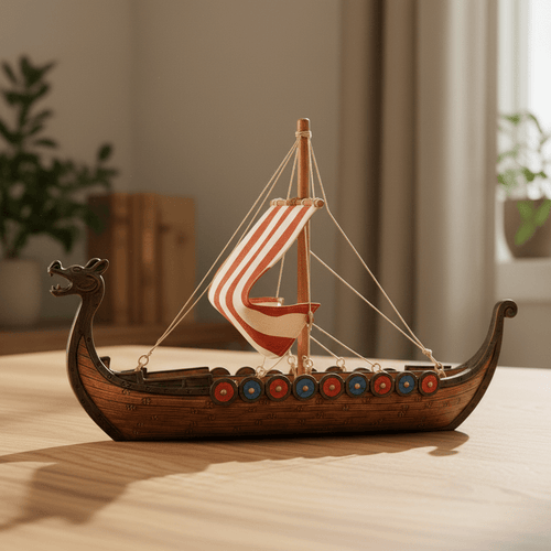 Modelo de drakkar vikingo de resina sobre un escritorio de madera, con mapa antiguo y brújula de latón en una biblioteca cálida