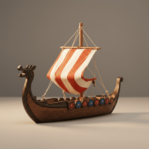 Modelo de drakkar vikingo de resina en vista frontal de tres cuartos, mostrando proa de dragón, vela a rayas y barandilla con escudos