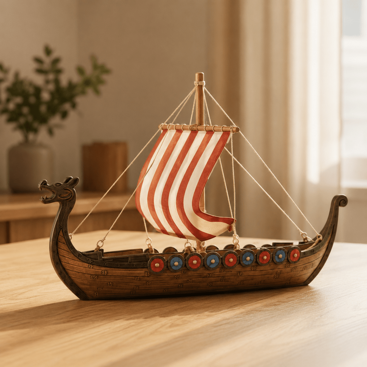 Viking Longship Resin Ship Model – Drakkar Dragon Prow & Striped Sail - Ocean Relic Studio- Handcrafted Wooden Ship Model